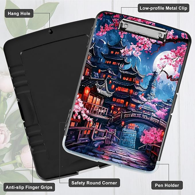 Cherry Blossom House A4 Clipboard with Storage Pen Holder, Clipboards Organizer Nursing Clipboard Foldable File Folder Plastic Clipboard Folio Clip Board for Office Students Classroom