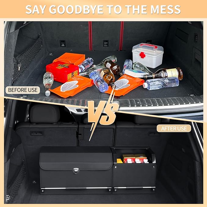 Leather Car Trunk Organizer SUV Trunk Organizer Car Trunk Storage Organizer | Large Trunk Organizer with Lid and Sturdy Handle Car Cargo Storage Box (Black, 33 x 11.4 x 12.2in)