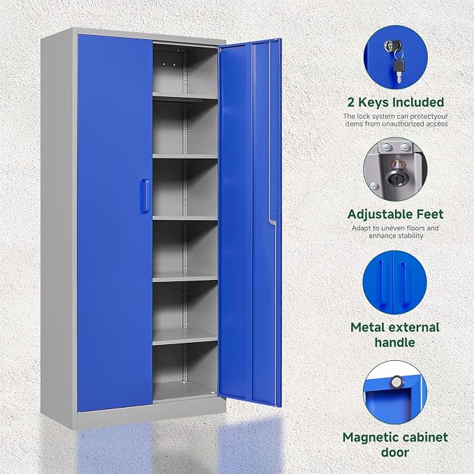 Metal Garage Storage Cabinets with Lock Door and Adjustable Shelves, Steel Tool Cabinets for Home,Office,Warehouse Organisieren (Blue Gray)