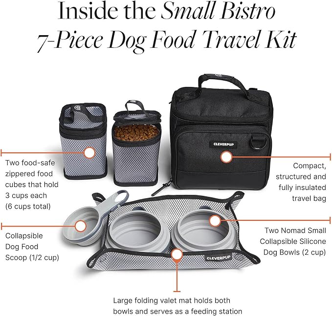 Small 7-Piece Bistro Box Dog Food Travel Kit, 6-Cup BPA-Free Kibble Storage, 2 Silicone Bowls, Mat & Scoop - Portable Pet Food Kit for Weekends, Overnights, Daycare & Camping, Graphite