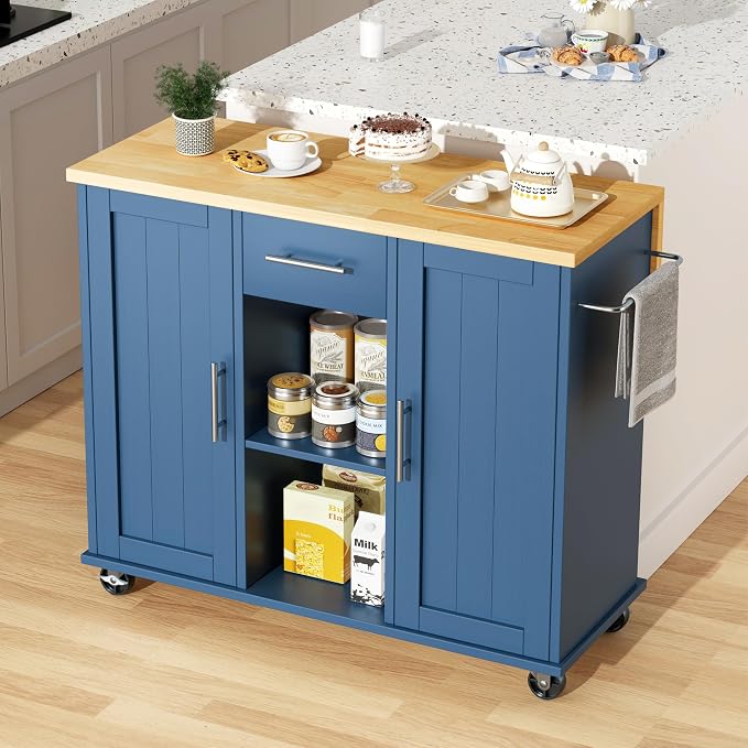 JY QAQA 42" Kitchen Island with Storage on Wheels, Rolling Table with Drop Leaf, Drawers, Cart Handle for Towel Rack or Free Movement, Blue