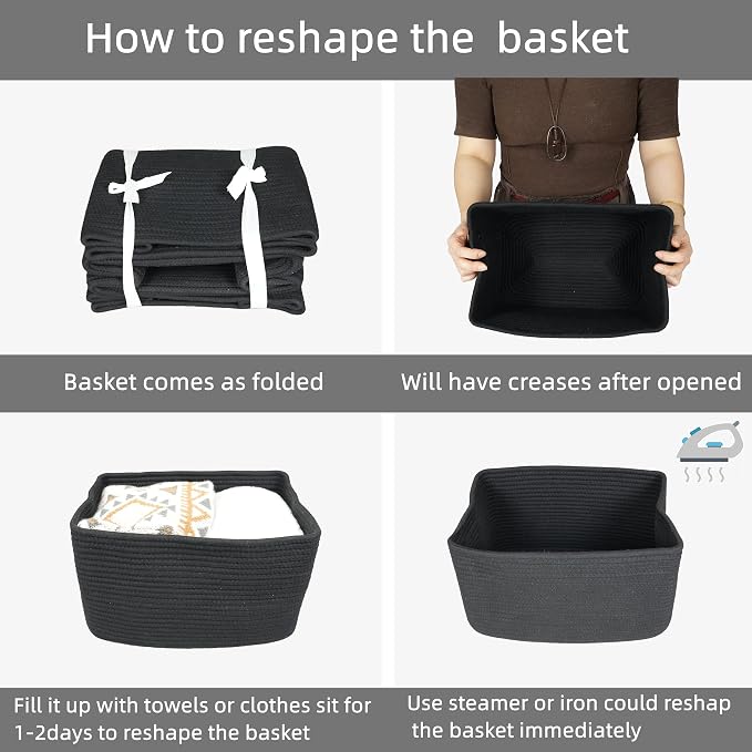 XUANGUO Woven Cotton Rope Storage Baskets 15x10x9.3" 3 Pack Black | Decorative rectangular storage baskets for shelves and closets; storage bins organize clothes, toys, books and nursery items.
