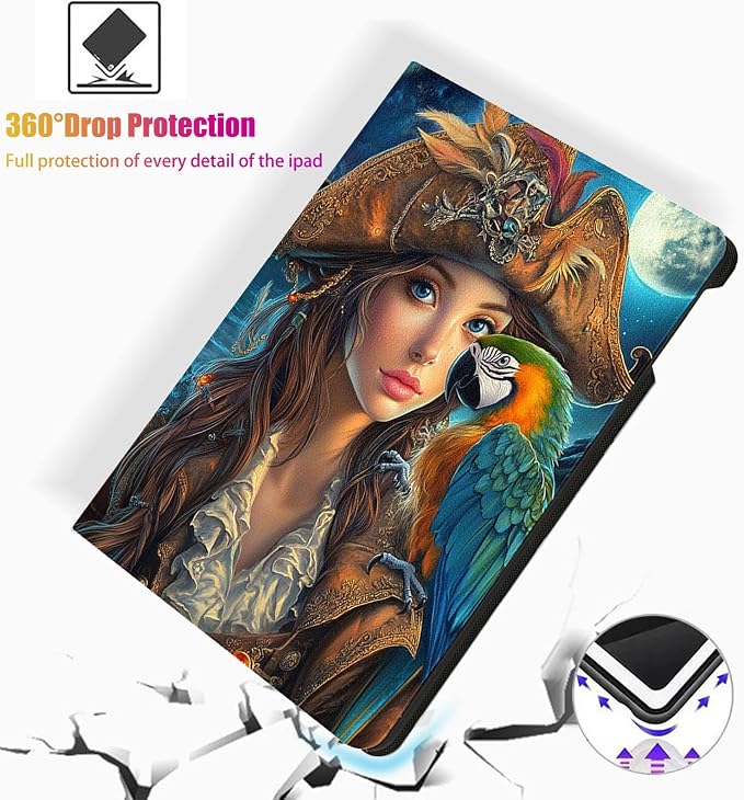 for Microsoft Surface Pro 11/10/9-13" 2024/2022 Tablet Case,Auto Wake/Sleep,Adjustable Stand Protective Cover - Pirate Girl with Parrot