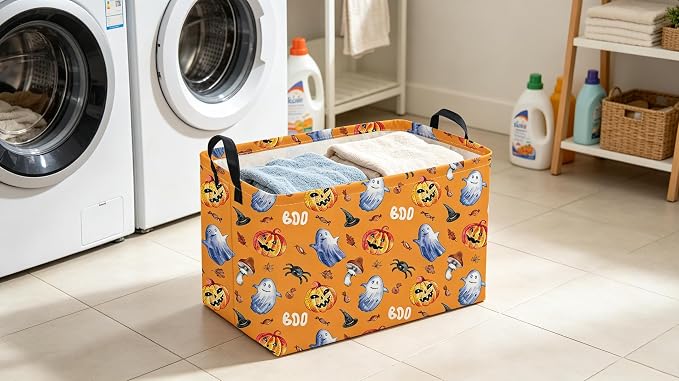 Sanjiaofeng Rectangular Halloween Horror Ghost Storage Basket,Terrifying and Thrilling Party Basket,Halloween Candy Storage Baskets with Handles(Scary Pumpkin)