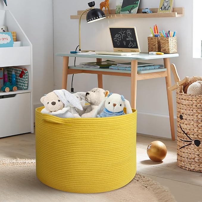 Extra Large Yellow Basket, 22” X 22” X 14” Cotton Rope Yellow Decor for Living Room Bedroom, Woven Basket for Blanket, Laundry, Towel, Shoe, Baby Nursery Toy Organizer, Room Decor Storage Bin