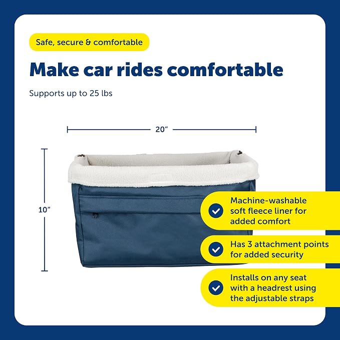 PetSafe Happy Ride Dog Booster Seat, Navy Blue, Up to 25 Lb | Raises Small Dogs to Window Height In Most Cars, Connects to Seatbelt with Safety Tether, Fleece Liner Is Machine Washable
