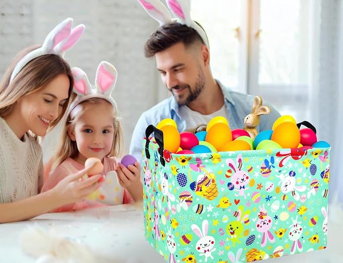 Large Rectangular Easter Baskets Empty Waterproof Boy Toy Box Foldable Kid's Gifts Storage Bin Spring Room Decor(Green Dancing Rabbit)