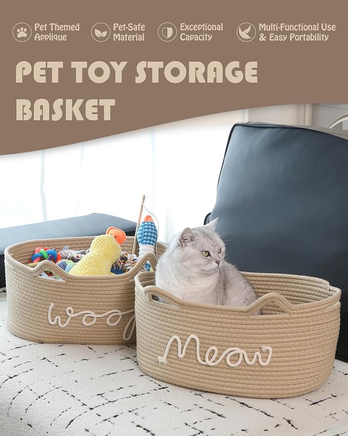 Sea Team Dog Toy Storage Basket with Handles and Ears, Beige Woof | Large Cotton Rope Storage Bin, Shelf Basket, Organizer for Pet Chew Toys, Foods, 16.5 x 11 x 7 Inches, 4.4 Gallons