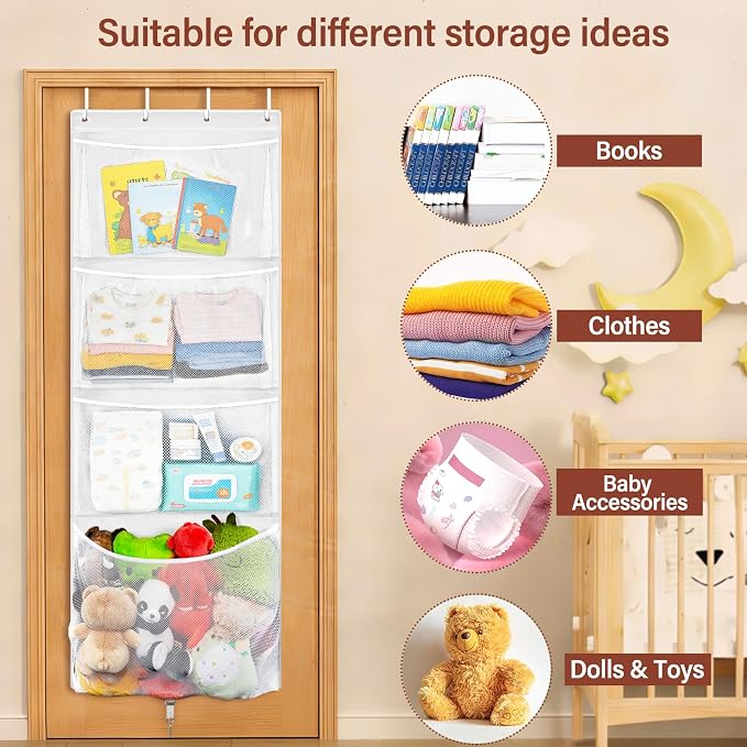 Over Door Stuffed Animal Storage, Hanging Plush Toy Organizer Holder | Behind Door Organizer with 4 Large Pockets, Mesh Hammock Bag for Doll & Bear Stuffies, Idea for Girl Boy Kid Nursery Closet