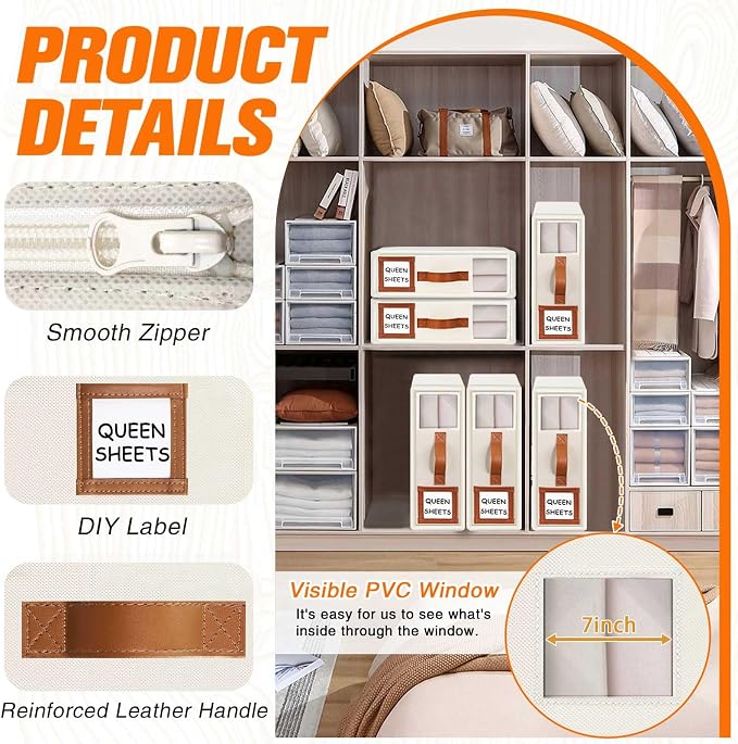 GhvyenntteS 12 Pack Bed Sheet Organizers and Storage, Sturdy Bed Sheet Organizer with Zipper and Handle, Foldable Linen Closet Organizers and Storage with Window and Label, Beige