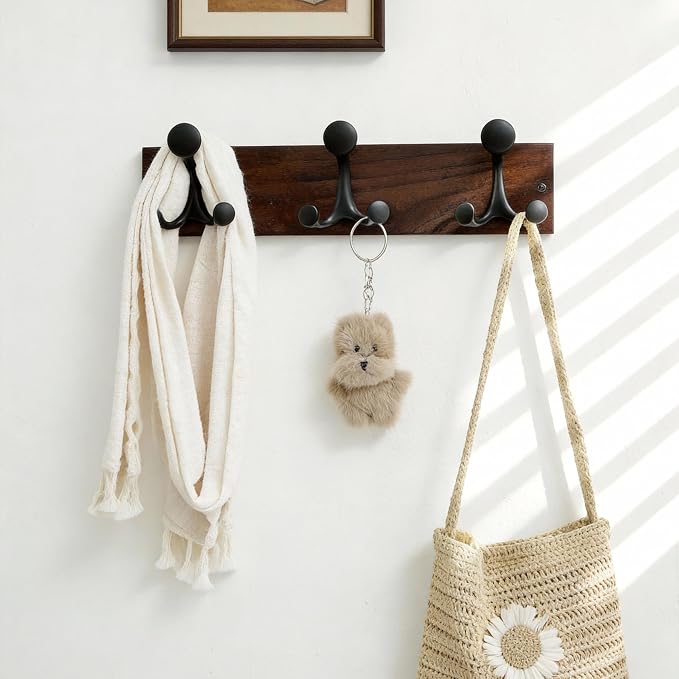 SKOLOO 17-Inch Walnut Wood Coat Rack Wall Mount with 3 Triple Hooks - Ideal for Family Entrances, Classrooms, and Pet Supplies Storage - Perfect Coat Hooks for Wall