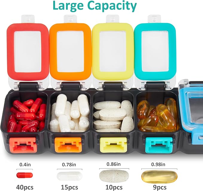 Fullicon Moisture Proof Pill Organizer 7 Day, Pill Box, Rainbow Black | Each Compartment Holds Up to 40 Small or 15 Large Capsules, 10 Tablets, or 9 Fish Oils, Spill Proof, Color Coded, BPA Free