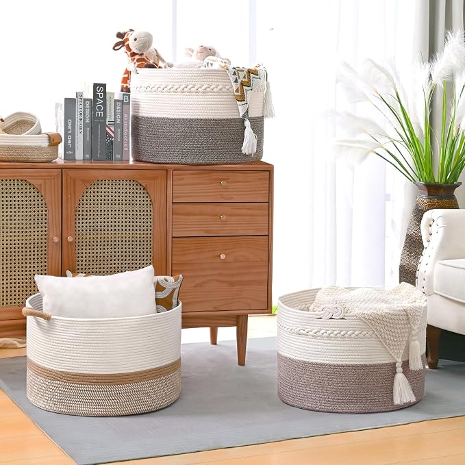 67L Large Blanket Basket, 20"x13" Woven Storage Baskets With Handle, Cotton Rope Blanket Basket Living Room, Baby Laundry hamper for Blanket, Nursery, Toy, Pillow (White & Oatmeal)