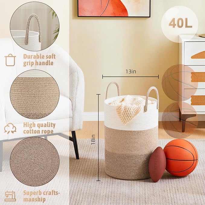 Artfeel Laundry Basket,Woven Cotton Rope Laundry Hamper,40L for Decorative Storage of Dirty Clothes,Toys and Blankets in Bathroom,Bedroom and Living Room