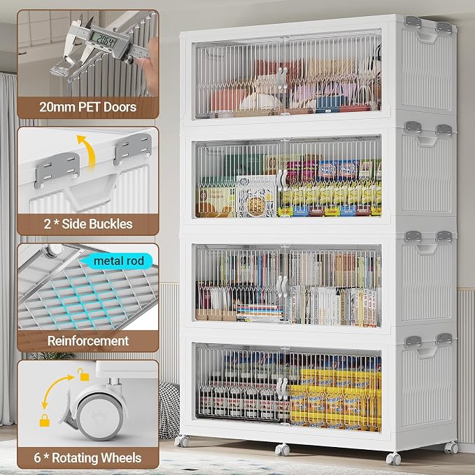 BROVIEW 1360QT Extra Large Stackable Storage Bins with Lid, 4Pack White | 340Gal Plastic Collapsible Cabinets Containers, Wheels & PET Doors, Foldable Closet Organizers Drawers for Office, Dorm