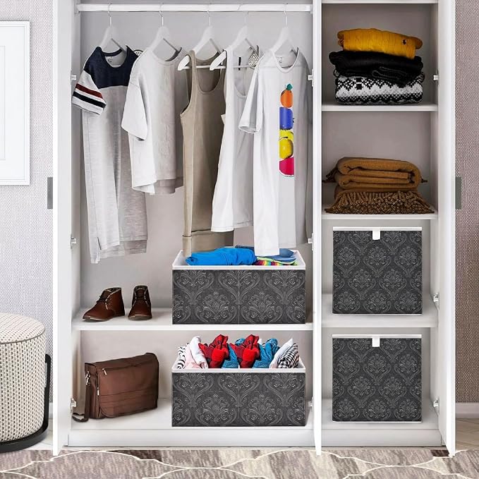 Black Damask Cube Storage Bins Collapsible Fabric Storage Baskets Large Clothes Organizer Box for Bedroom Living Room Study Room 11×11×11 In