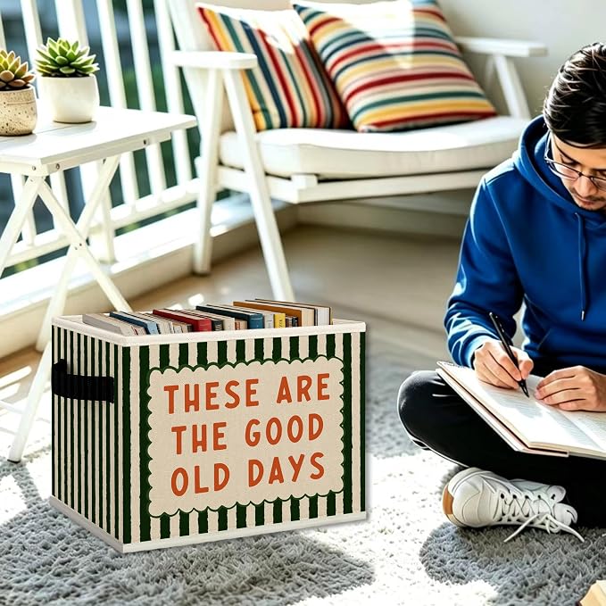 Inspirational These Are Good Old Days Cube Storage Bins with Handles, Green Striped Motivational Collapsible Fabric Storage Basket Boxes Books Clothes Organizer for Bedroom Bathroom