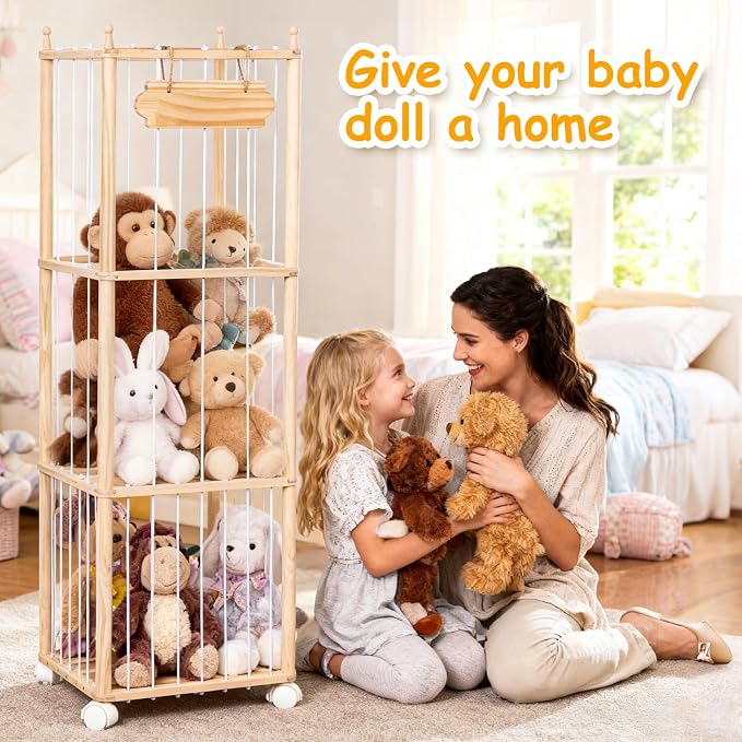 TANONE Stuffed Animal Storage with Wheels - Large Stuffy Storage for Kids | Wooden Stuffed Animal Organizer with Separate Sections for Large and Small Plush - Zoo Hodler Tower for Playroom and Nursery