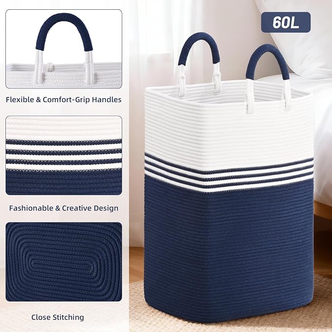 Laundry Basket Hamper,Blanket Storage,Dirty Clothes Hamper with Swivel Handles,Woven Cotton Rope Toy Baskets,Blanket Basket Living Room,Decorative Hampers for Nursery,Bedroom,White & Blue,60L