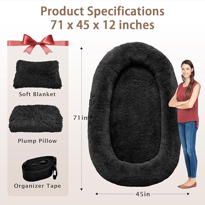 ROOMTEC Human Dog Bed, 71''x45''x12'' Size Fits Adult Pet Washable Oversize People Bed 10 CM Thick Memory Foam Large Giant Pet Bed with Plump Pillow, Blanket, Strap - Black