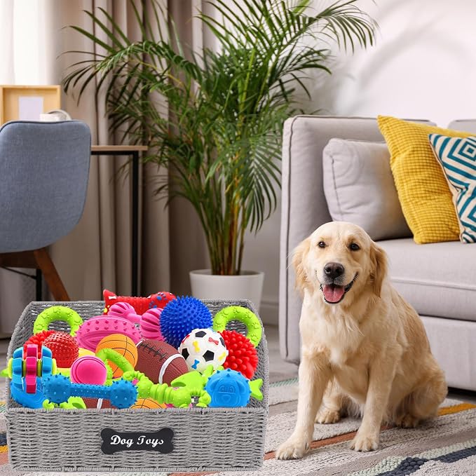 Dog Toy Basket Large Foldable Portable Rattan Dog Toy Storage Organizer for Living Room Bedroom Entryway Floor Corner Pet Toys Basket with Label, Dogs Toys Bin for Cats, Dogs and Pets-Grey