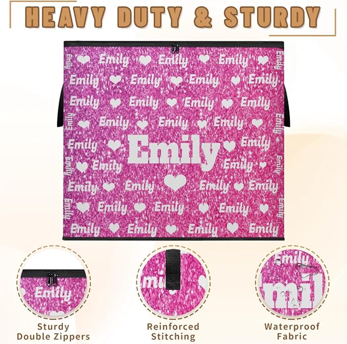 Custom Comforters Storage Basket with Lid, Personalized Name Large Organizer Bin for Pet/Children Toys, Books, Clothes, Perfect for Rooms/Playroom, Water Pink Glittering with Love Hearts