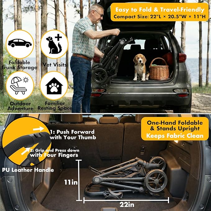 PAWZIDEA Pet Stroller 4-in-1, Foldable Dog Stroller with Detachable Carrier | Escape-Proof No-Zip Canopy, Portable Travel Crate & Car Seat Combo, for Small to Medium Dogs & Cats up 33 lbs, Storage Basket