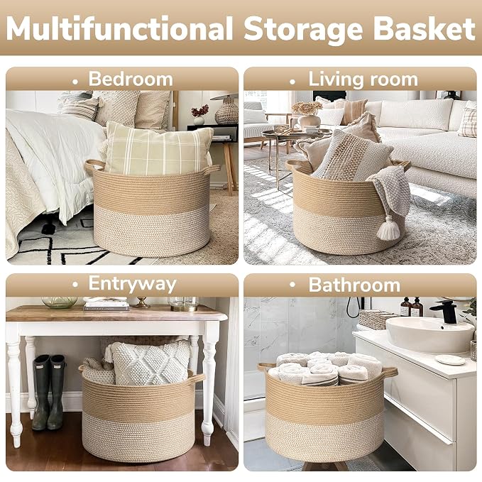 Goodpick Large Wicker Basket for Blankets, Baby Toy Storage Basket, 85L | 21.7 x 21.7 x 13.8 In Baby Storage Basket for Nursery, Blanket Basket for Living Room, Woven Basket for Towels, White & Jute