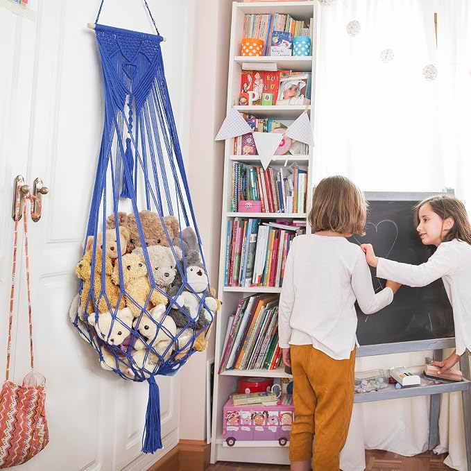 Stuffed Animal Net or Hammock Corner or Wall Hanging Net for Plush Toy Storage Boho Macrame Toy Display Nursery Bedroom Decor Stuffy Animal Toy Organizer (Blue)