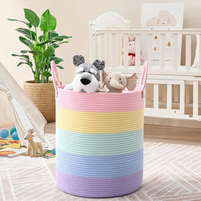 Laundry Hamper for Organizing, 52L Large Laundry Baskets, Cotton Rope Woven Blanket Basket, Collapsible Laundry Hamper for Living Room, Nursery, 15"×18", Light Rainbow
