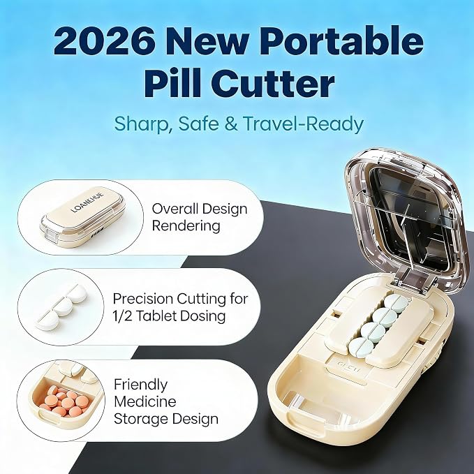 Precision Pill Cutter for Small and Tiny Pills, Sharp Blade with Storage Compartment, Travel-Friendly 1/2 Pill Splitter for Home/On-The-Go, White