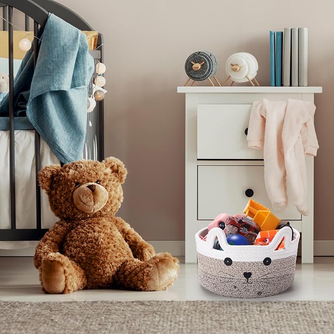 Zopeal Cat Storage Basket Woven Organizer with Ears Decorative Gift Cute Cotton Rope Pet Toy Basket for Gift Cat Dog Toy Bin Nursery Room(8.3 x 4.7 Inch,Gradient Khaki)