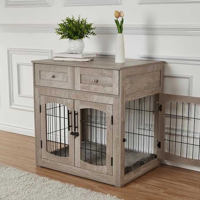 GarveeHome Dog Crate Furniture,Wood Kennel Indoor with Drawers Storage | Furniture style kennel, built-in storage drawers, heavy duty wood frame for indoor pet use