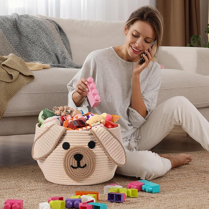 Zopeal Woven Dog Basket with Handles for Toy Storage,Khaki,13 x 8 Inch | Pet Gift Basket, Toys Storage Organizer, Cotton Rope Rectangular Bin, Keeps Puppy Items Organized, Sturdy Handles