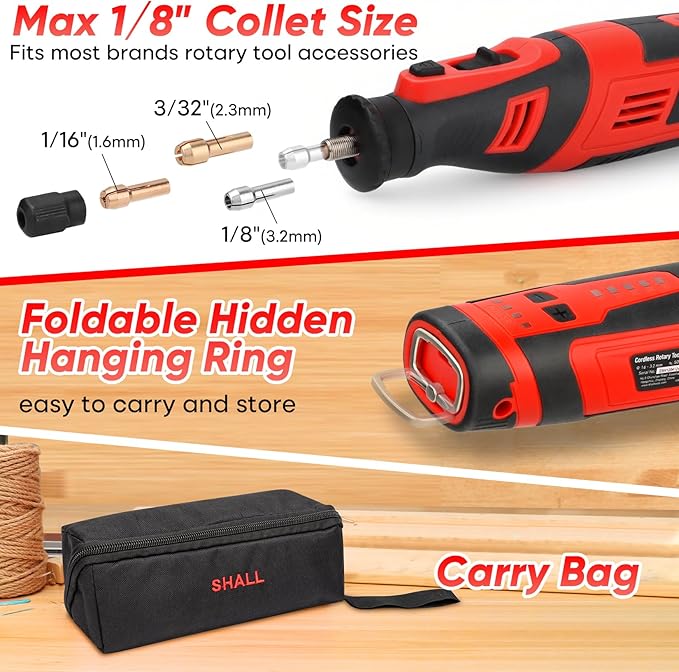 SHALL 8V Cordless Rotary Tool Kit, Lightweight 2.5 Ah Battery Rechargeable Dog Nail Grinder w/ 122 Accessories, 5-Speed Power Rotary Tool for Sanding, Carving, Polishing, Engraving, Pet Grooming