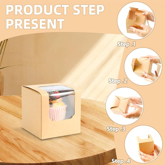 25 Pcs Single White Cupcakes Containers Gift Boxes with Window Inserts Handle for Wedding Candy Boxes (25P-Brown)