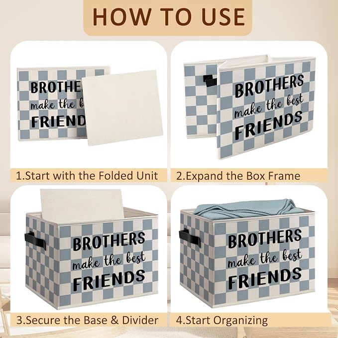 Brothers Make The Best Friends Boys Foldable Storage Bins Box with Handles, Blue and White Checkered Decorative Storage Boxes Baskets Organizer for Kids Boys Room Bedroom Playroom Bathroom
