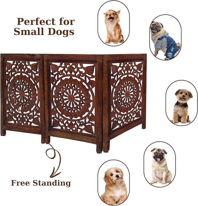 Lightnpro 3‑Panel Wooden Pet Gate – Decorative Carved Foldable Dog Gate, Extra‑Wide Freestanding Indoor Safety Fence for Small Dogs – 24x54 Inch Natural Burnt Finish