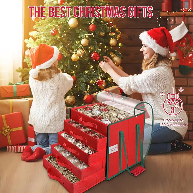 Christmas Ornament Storage Box,5 Tier Holds Up to 100-3” Holiday Décor | Xmas Ornament Organizer Container,Adjustable Dividers,Organizer Bin to Protect and Store Holiday Décor , 600D Oxford Fabric