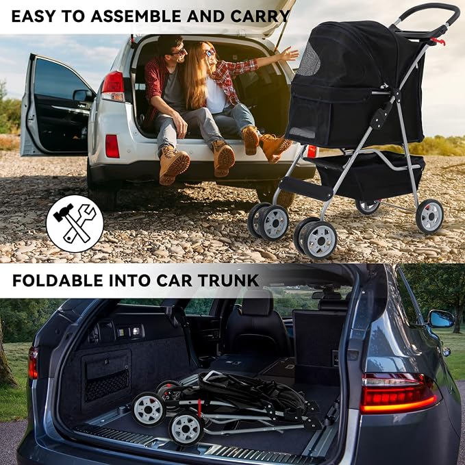 4 Wheels Dog Stroller, Pet Cat Jogger Stroller, Folding Carrier Waterproof Puppy with Cup Holder & Removable Liner, Dog Strollers for Small Dogs, for Small and Medium Pet Supplies (Black)