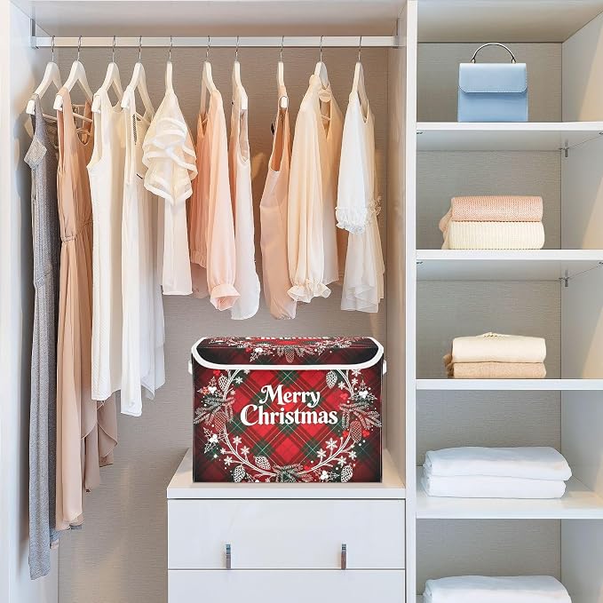 senya Christmas Storage Baskets Christmas Monogram Wreath Tartan Plaid | Collapsible Storage Bins with Lids Boxes Clothes Baskets for Organizing