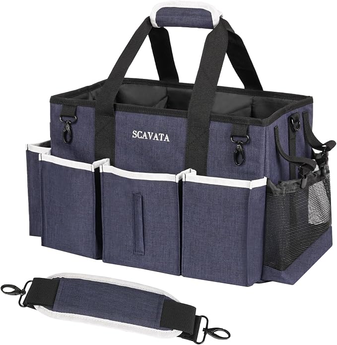 SCAVATA Wearable Caddy Bag, Cleaning Supplies Organizer With Handle & Shoulder Straps for Housekeepers, Under Sink & Car Tool Organizers With 4 Foldable Divider (NavyBlue)
