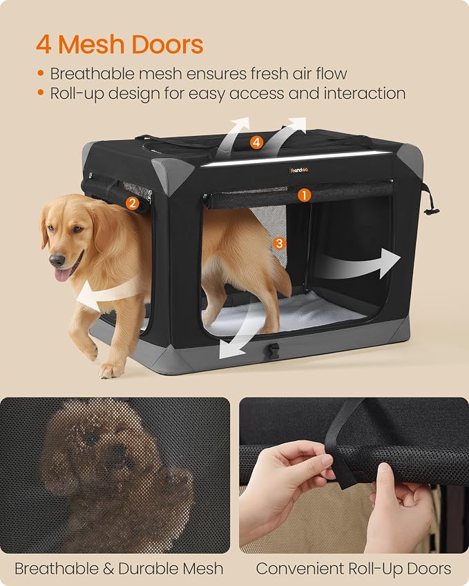 Feandrea Collapsible Dog Crate, Portable Oxford Fabric Pet Travel Crate with 4 Mesh Doors, Handles, Pocket, 36 Inches, for Large Dogs, Ink Black and Dove Gray UPDC029BH01