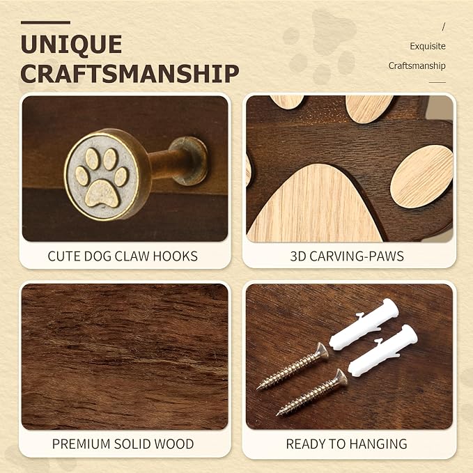 MTERSN Cute Dog Leash Holder for Wall for Apartment Essentials, Dark Brown | Acacia Wood, 3D Pet Claw Hooks, Wall Key Holder with 6 Hooks Dog Leash, Ideal for Wall Decor, Gift Idea for Dog Lovers