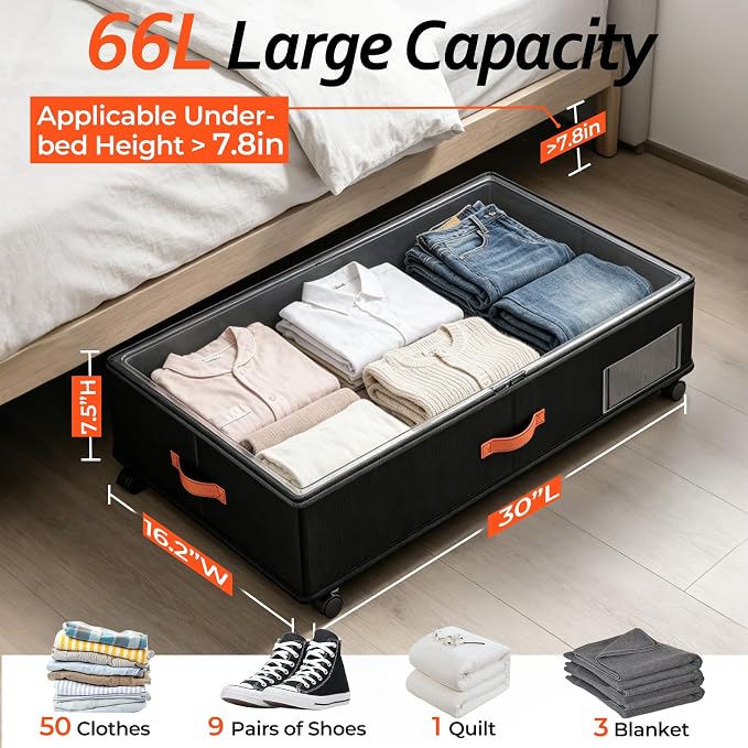 Scilulu Under Bed Storage with Wheels 4-Pack, 66L, 30" L x 16.2" W x 7.5" H | Rolling under bed drawers with sturdy frame, clear lids; underbed containers store clothes, shoes, blankets, toys & holiday