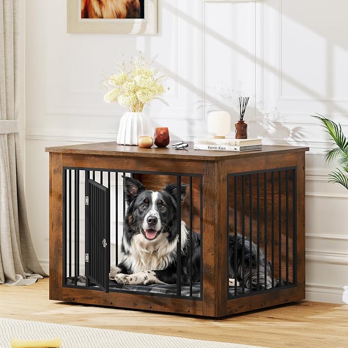 YITAHOME 38" Dog Crate Furniture 2-in-1 Iron-Wood Fusion up to 60 lb | Modern Dog Kennel Indoor Side End Table with Waterproof Top, Safety Corners, Steel Lock, Rustic Brown
