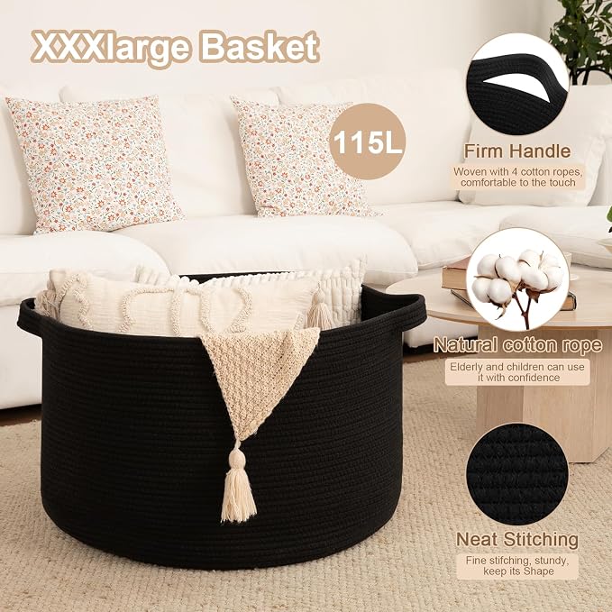 OIAHOMY 115L Extra Large Blanket Basket for Living Room, 23.6" x 15.4" Woven Cotton Rope Laundry Basket for Organizing Pillows, Decorative Stuffed Animal Toy Storage for Nursery, Black