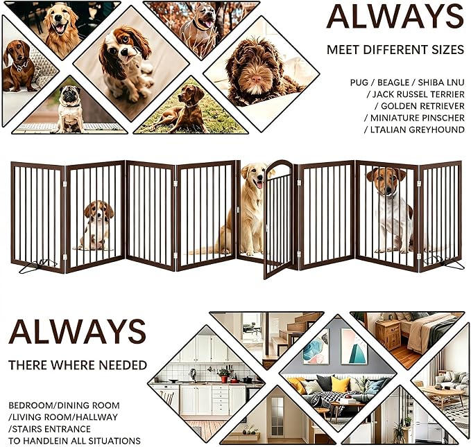 JSB 192-inch Extra Wide 30-inch Tall Dog gate with Door Walk Through,Full Matel Freestanding Round Tube Pet Gate for Halls Stairs, Puppy Safety Dog Fence with 4PCS Support Feet (Round Tube Espresso)