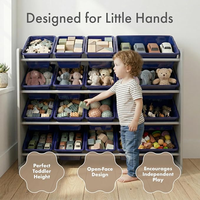 Humble Crew Kids Toy Organizer with 16 Bins, 4 Tier Storage for Playroom | Sturdy wood and steel toddler shelf, removable BPA-free containers, wall anchor anti-tip safety kit for bedroom or classroom
