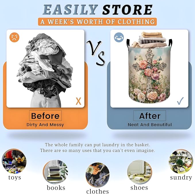 Retro Cross Floral Laundry Basket, Garden Flower Ornate Art Storage Hamper, Round Collapsible Waterproof Cloth Bin, 19.7x15.7 Inch Vintage Clothes Organizer Gifts for Bathroom Decor